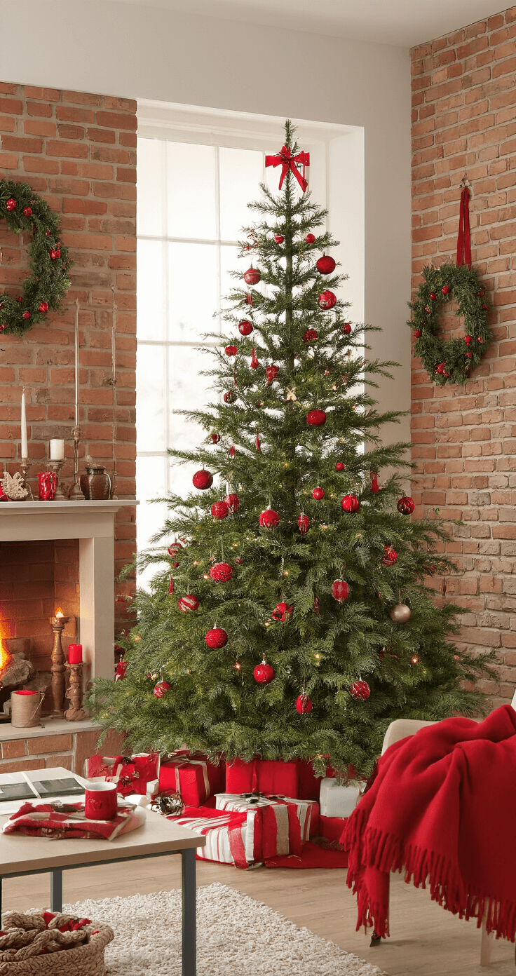 De Rode Kerstboom: Dé Kersttrent van 2024 Gezellige woonkamer met een traditionele groene kerstboom versierd met rode accenten, naast een open haard. Zachte middaglicht verlicht de ruimte met warme houtentinten en een bakstenen muur. Rode fluwelen strikken, ballen en kaarsen op de salontafel zorgen voor een intieme, huiselijke sfeer.