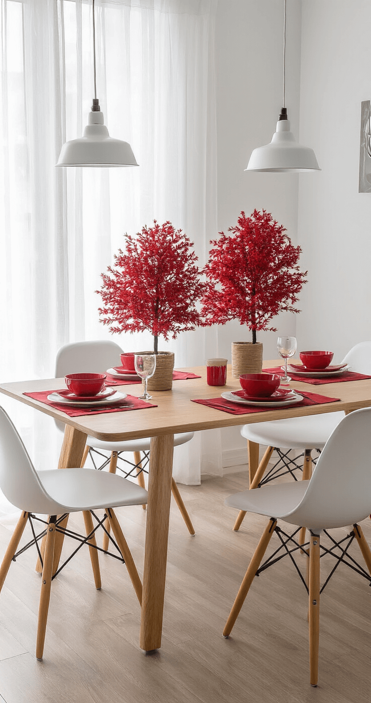 De Rode Kerstboom: Dé Kersttrent van 2024 Moderne eetkamer met een lange houten eettafel, drie fluwelen rode mini-bomen en een rode tafelloper. Witte stoelen en ochtendlicht door sheer gordijnen. Symmetrische compositie in Scandinavische stijl.