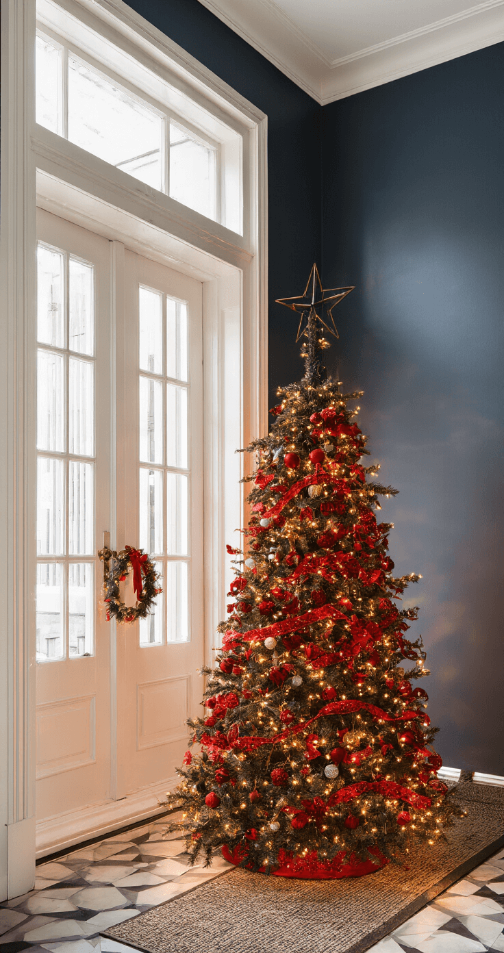 De Rode Kerstboom: Dé Kersttrent van 2024 Stijlvolle entreehal met een 90 cm hoge verlichte rode kerstboom naast een trap met witte spijlen, op een zwart-wit geblokte vloer en donkerblauwe muren, versierd met gouden details en een rode kerstkrans aan de deur.