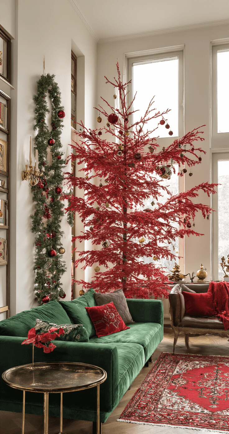 De Rode Kerstboom: Dé Kersttrent van 2024 Eclectische woonkamer met een middelgrote rode kerstboom, omgeven door diverse rode decoraties. Een smaragdgroene velours bank en een Perzisch tapijt complementeren de bordeaux, karmijnrood en rozenkleurige tinten in het warme gouden uurlicht. Drie-kwart view van de artistiek en gedurfd ingerichte ruimte.
