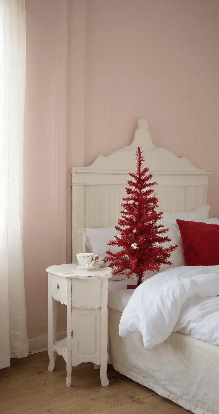 De Rode Kerstboom: Dé Kersttrent van 2024 Romantische slaapkamer met een delicate rode kerstboom op een wit nachtkastje, zachte ochtendgloed door linnen gordijnen, witte bedlinnen met rode kussens en fluwelen dekens, in Franse landelijke stijl met pastelroze muren.