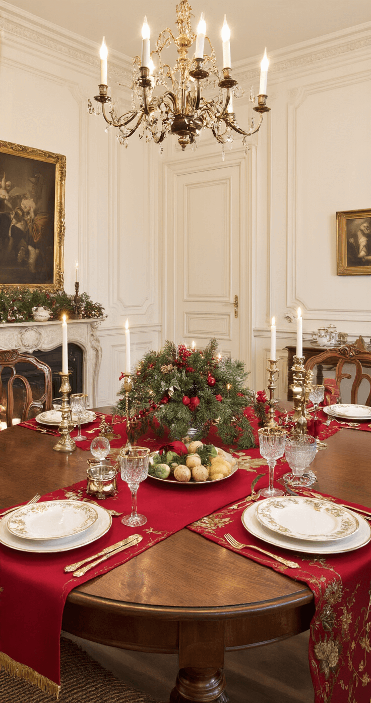 Luxueuze eetkamer met een eiken eettafel bedekt met een traditioneel rood tafelkleed, versierd met dennentakken en zilveren dinerkaarsen, omringd door gouden porselein en kristallen wijnglazen, alles verlicht door warm kaarslicht in een sfeervolle avondsetting.