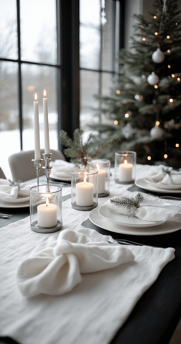 Moderne minimalistische kersttafelsetting met wit linnen tafelkleed, LED-kaarsen, zilverkleurig bestek en eenvoudige borden, versierd met dennentakken en kunstsneeuw, gefotografeerd in natuurlijk daglicht.