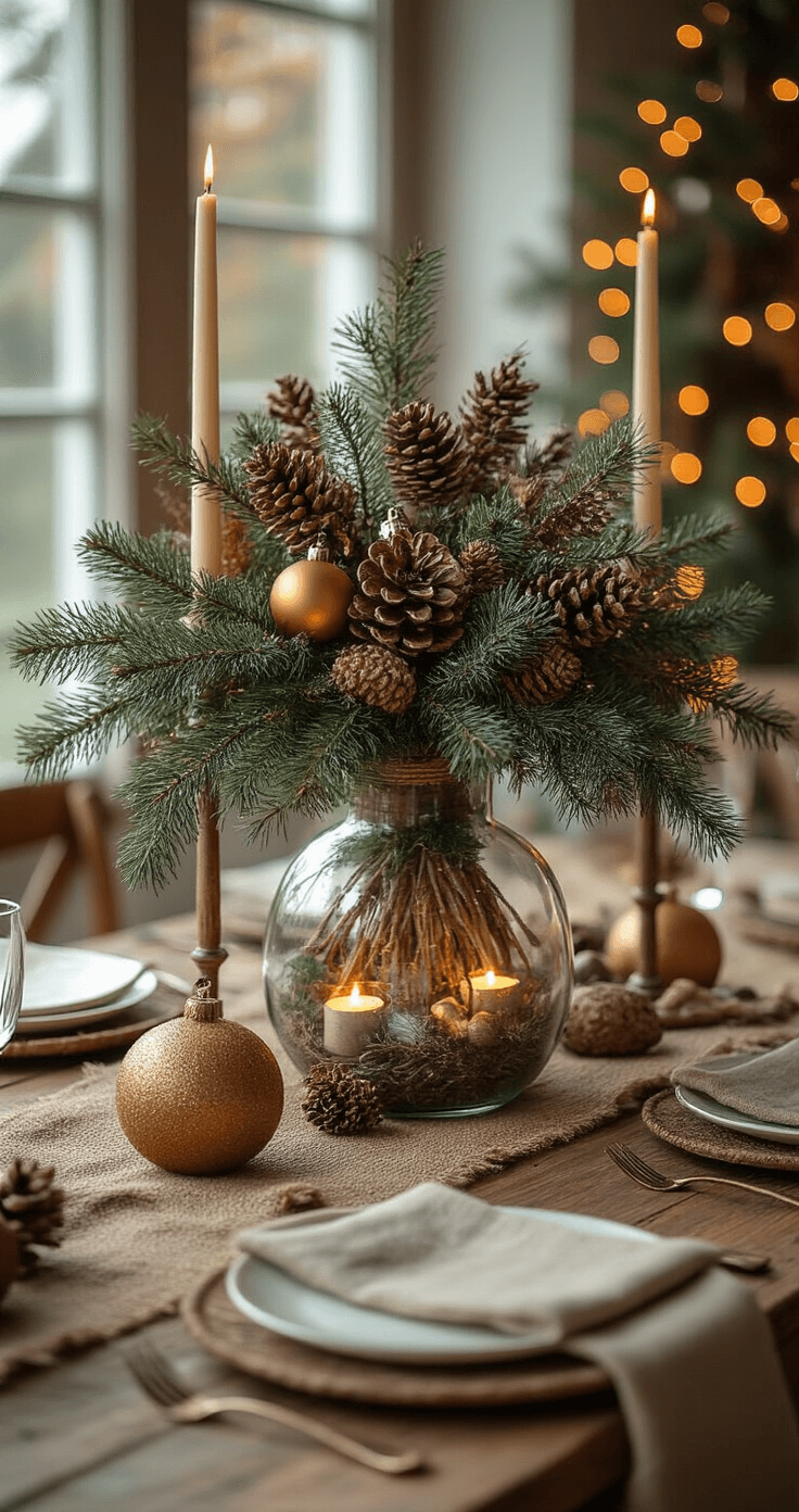Rustiek kerstcenterpiece met glazen stolpen en mini-kerstdorpje op een houten tafel, afgewerkt met dennentakken, kaneelstokjes, en koperaccenten. Ambachtelijke keramische borden en jute servetringen in aardse bruintinten met gouden highlights. Close-up van de details in zachte middagverlichting.