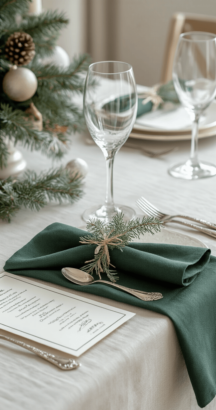 Elegante handgevouwen servet in kerstboomvorm met dennentakje, kristallen wijnglas en zilver bestek op rijk donkergroen servet tegen een roomkleurig tafelkleed, met een gepersonaliseerde menukaart in kalligrafie; detailopname benadrukt vakmanschap en texturen onder zachte studioverlichting.