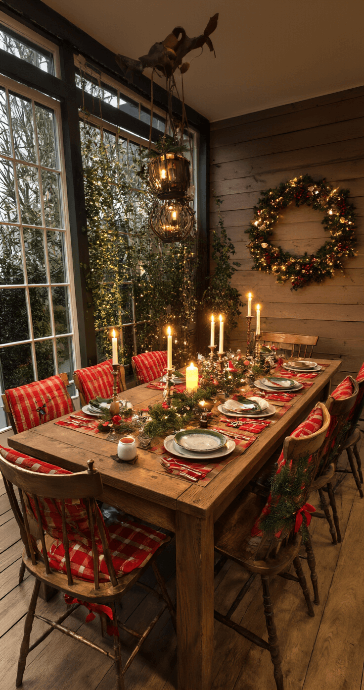 Gezellige familiedinertafel in panorama met feestelijke decoratie, lange eettafel met variërende kandelaar hoogtes, windlichten, rode kerstlinten om stoelen, kerstkrans op achterwand, warme bruine houten texturen en groene en rode accenten, vastgelegd in avondschemering met kunstmatige en kaarslicht.