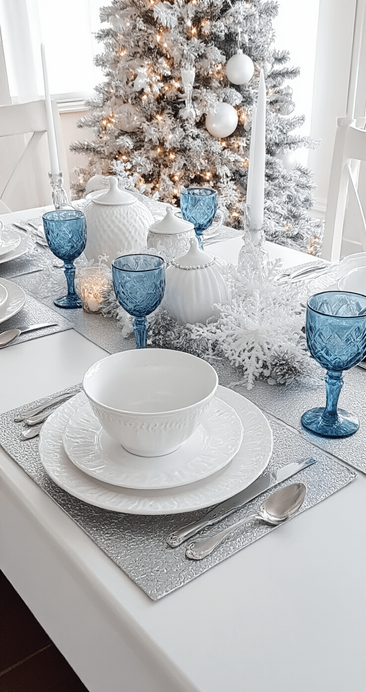 Ijzige winter wonderland met wit porselein servies op zilveren placemats, bestrooid met kunstsneeuw. Glazen kerstboom decoraties en ijsblauwe accenten, met kristallen effecten die licht reflecteren. Monochromatisch wit en zilver kleurenschema, gefotografeerd vanuit een lage hoek met heldere studio verlichting en een blauwe filter.