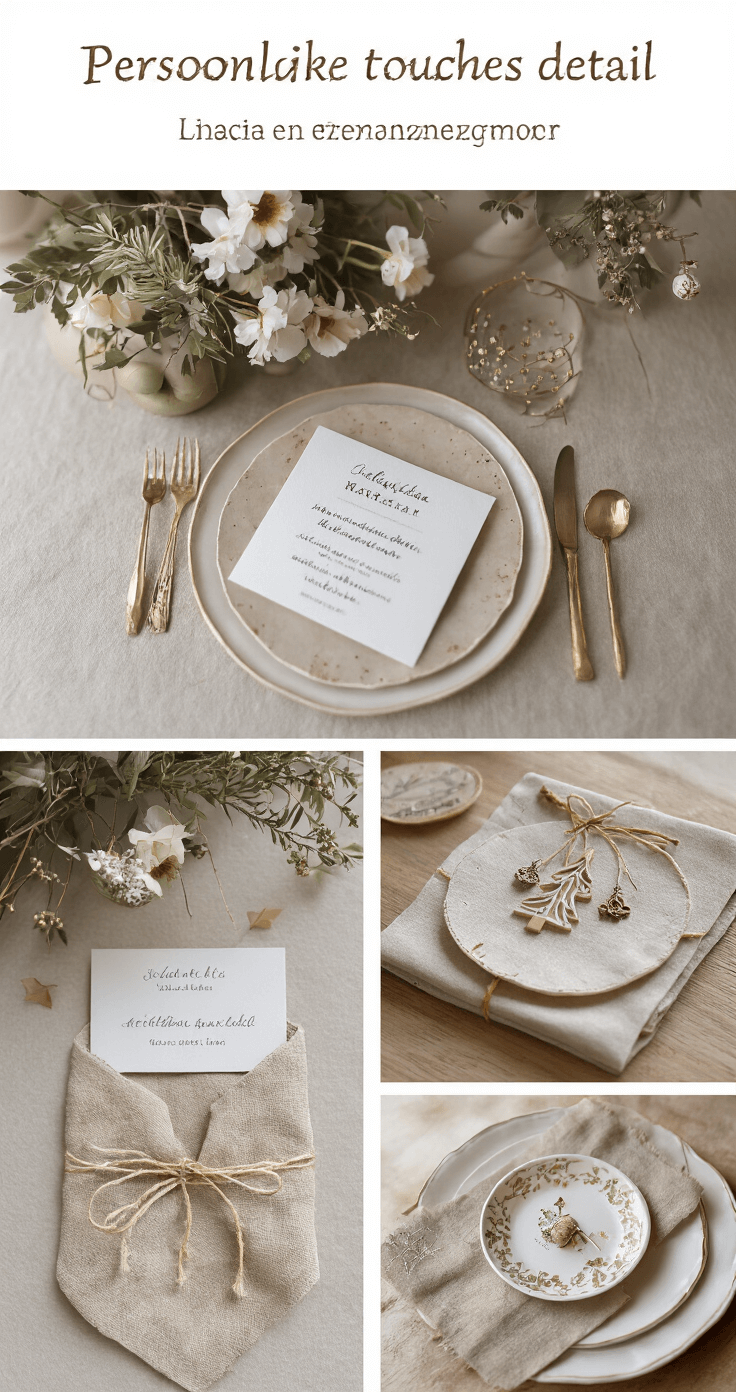 Bovenaanzicht van een feestelijke tafelsetting met handgemaakte naamkaartjes, creatieve bestekzakjes van linnen, en gepersonaliseerde servetringen met kerstornamenten, alles in warme neutrale tinten met gouden draad details.