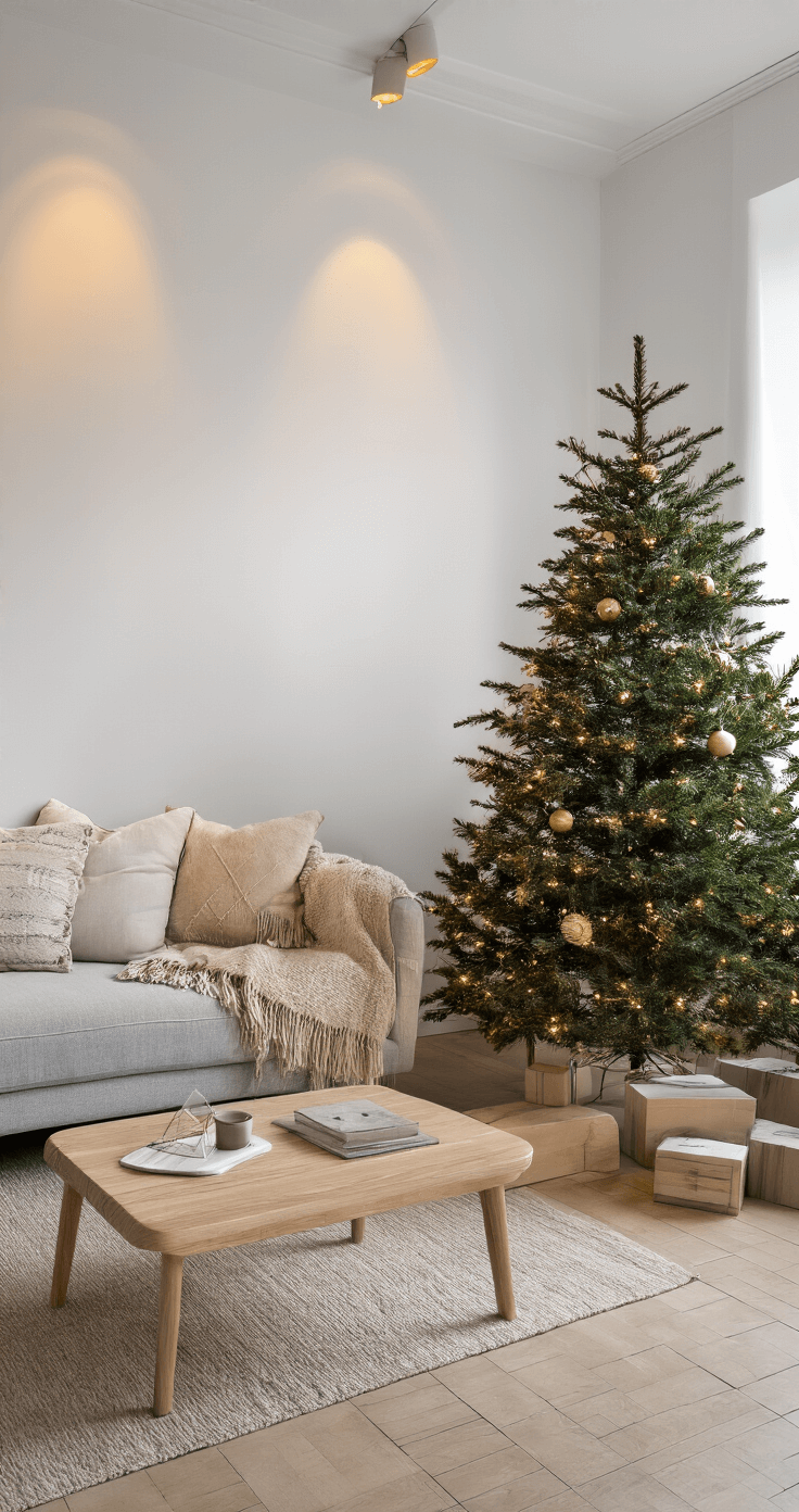 Moderne woonkamer in Scandinavische stijl met warm avondlicht, minimalistische houten kerstboom en stijlvol ingericht met lichtgrijze bank, ovale eiken salontafel en natuurlijke plaids.