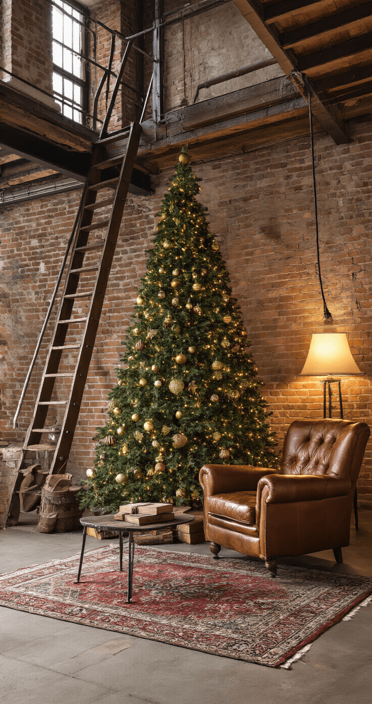 Industriële loft bij schemering met een ladder als kerstboom, versierd met matgouden en diepgroene kerstballen. Achtergrond van een bakstenen muur en een betonnen vloer, met een cognackleurige leren fauteuil en een ijzeren salontafel vol vintage boeken. Warme verlichting accentueert de texturen, terwijl sfeervolle kaarslichten op de vensterbank flonkerende stadslichten van buiten reflecteren.
