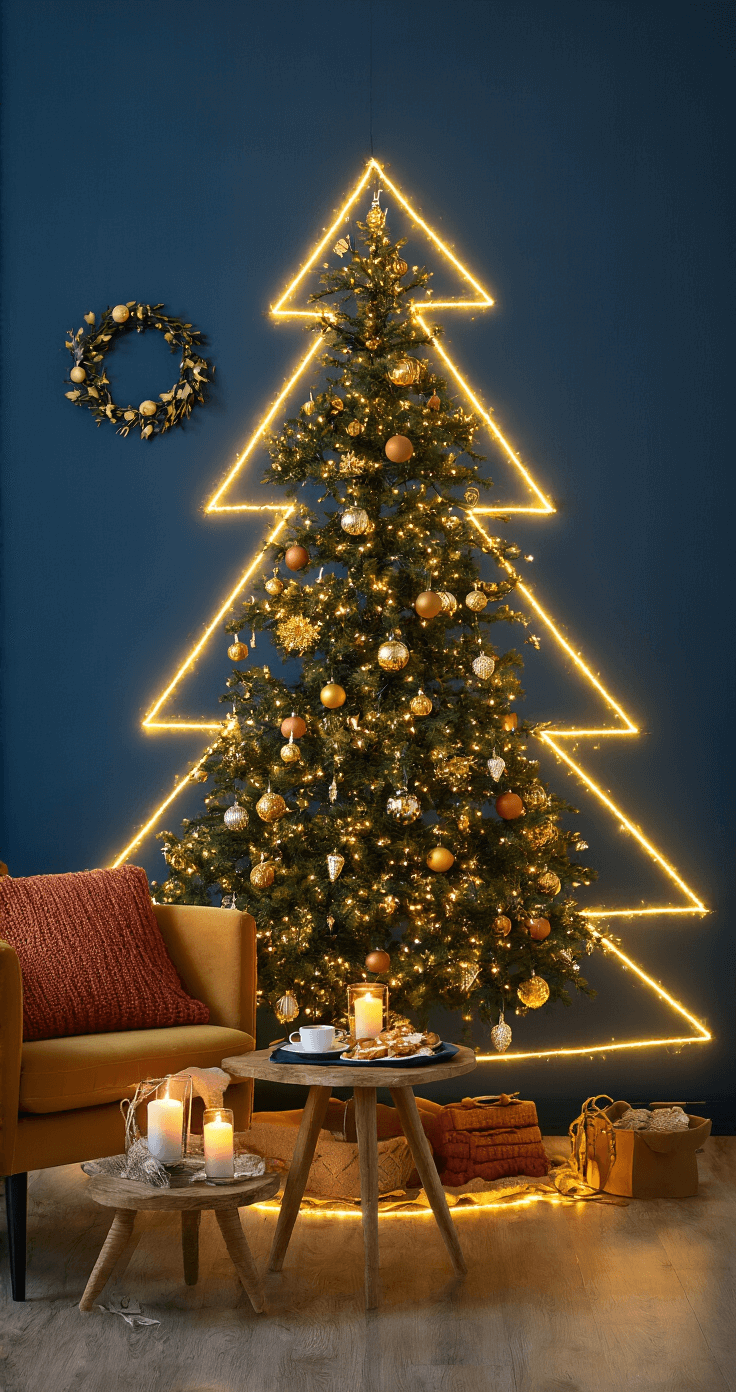 Intieme leeshoek met een kerstboom van gouden LED-lichtjes op een donkerblauwe muur, voorzien van een mosterdgeel fluwelen fauteuil, gebreide kussens, een houten krukje met warme thee en kerstkoekjes, en een zachte vloerkleed in off-white.