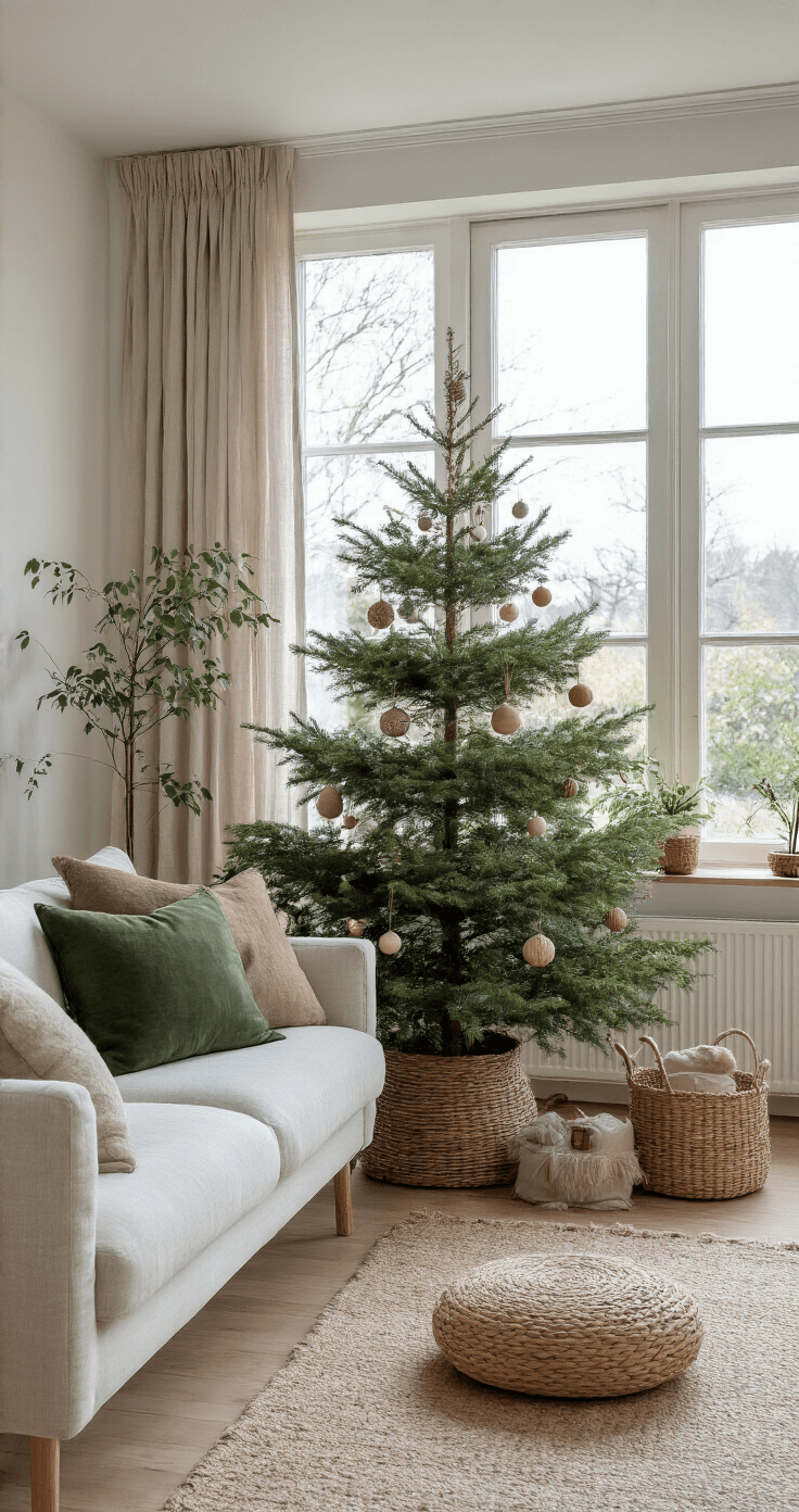 Lichte woonkamer met gehuurd kerstboompje in rieten mand, grote ramen die natuurlijk ochtendlicht binnenlaten, moderne bank met groene velours kussens, en Scandinavische houten meubels. Duurzame juten pot met biologische ornamenten in aardtinten, linnen gordijnen en keramische vazen versterken de frisse, milieubewuste sfeer.