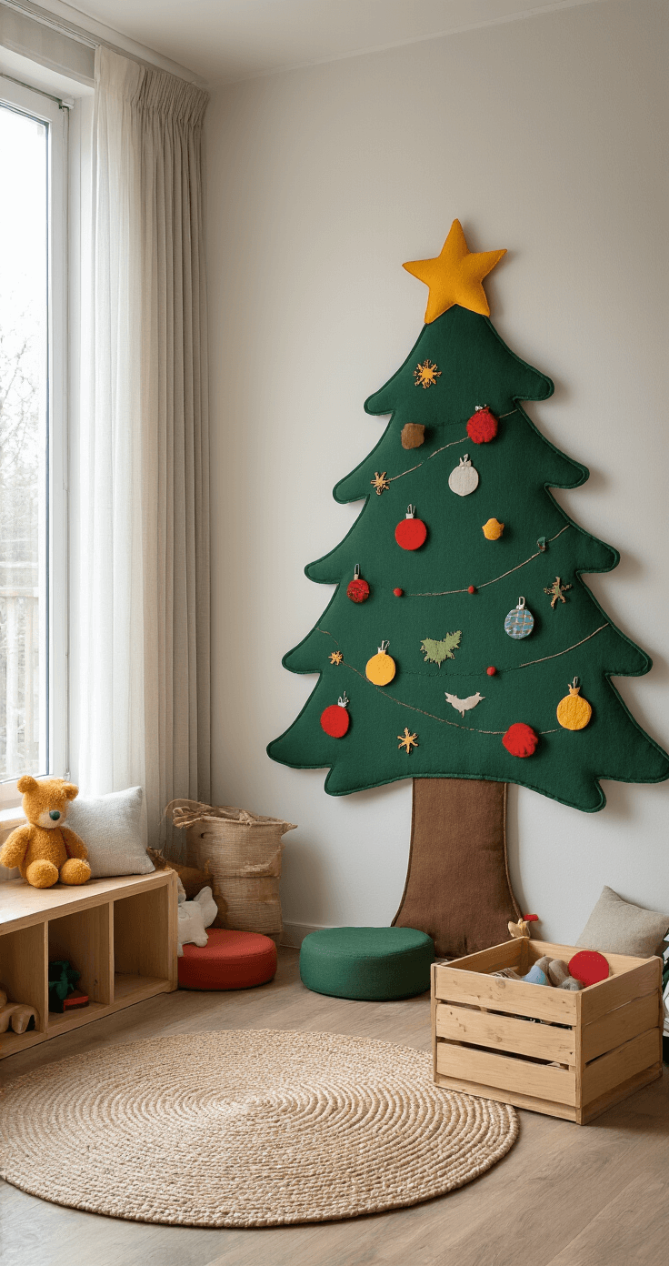 Kindvriendelijke speelhoek met vilten kerstboom en uitneembare versieringen in bosgroen, vrolijke kleurrijke zitzakken, lichte houten speeltafel, houten speelgoedkistjes, en educatieve kerstboeken in een lage boekenkast, allemaal verlicht door natuurlijk daglicht door sheer gordijnen.