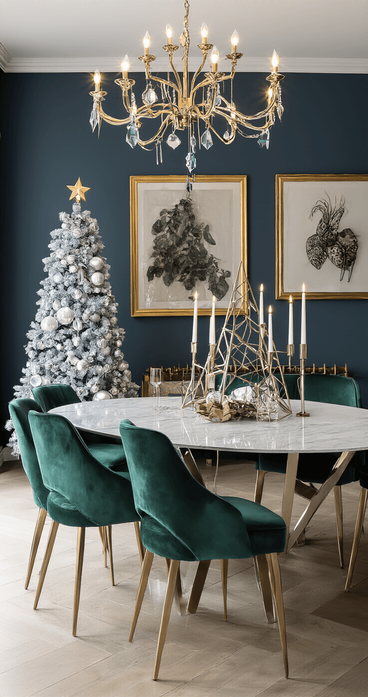Elegante eetkamer met een zwarte metalen kerstboom als sculptuur, marmeren eettafel, smaragdgroene fluwelen stoelen en gouden accenten. Donkere, diepblauwe muren met gouden lijsten, kaarslicht en luxe decoraties creëren een feestelijke en verfijnde sfeer.