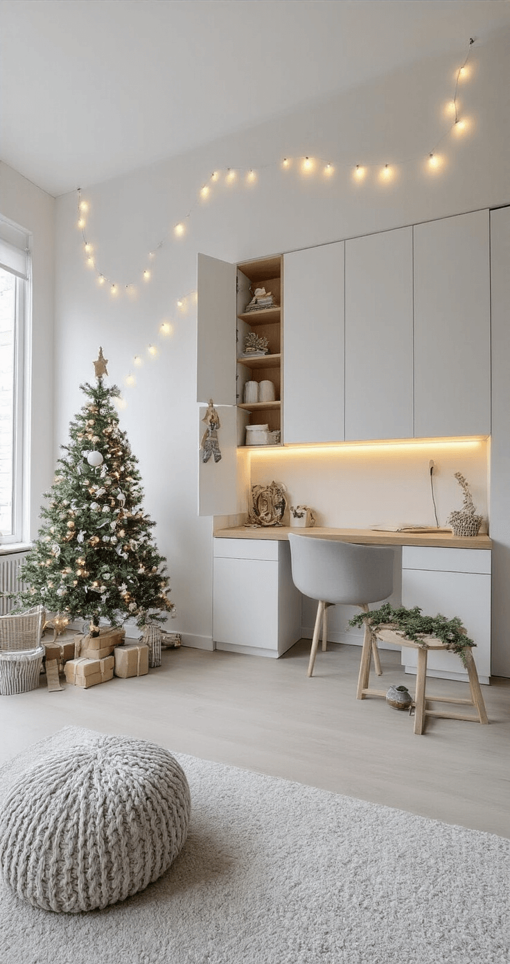 Een creatief en multifunctioneel studio-appartement met slimme ruimte-indeling, waaronder opklapbare kerstdecoraties, witte wandpanelen met LED-strips in boom-silhouet, moderne meubels met opbergruimte en neutrale kleuren, perfect voor praktisch en innovatief wonen.