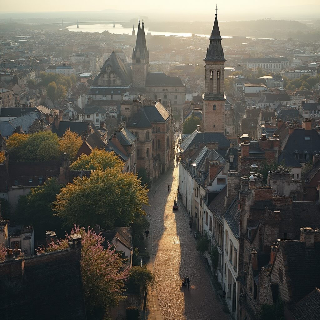 Luchtfoto van het stadscentrum van Maastricht met gedetailleerde historische architectuur