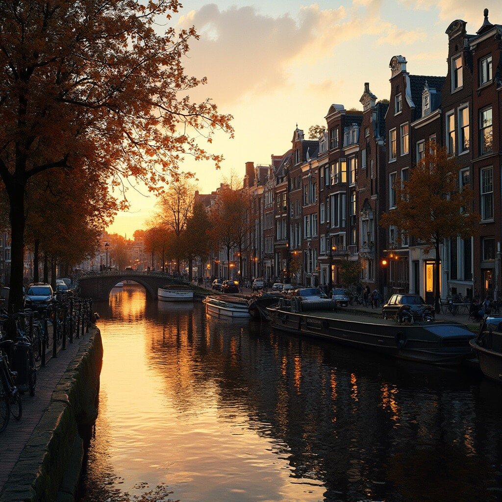 Historic Amsterdam canal ring at sunset, featuring 17th century merchant houses reflecting in calm water, with tree-lined cobblestone streets and cyclists. Warm golden hour light illuminates narrow buildings with gabled rooftops, surrounded by moored canal boats and glowing windows.