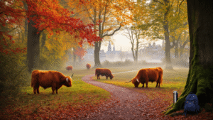 A misty autumn morning in Amsterdam's Amsterdamse Bos featuring Scottish Highland cattle grazing among vibrant fall foliage, ancient trees lining a winding path, and glimpses of canal houses and church spires in the background, with a thermos and backpack against a moss-covered tree trunk.