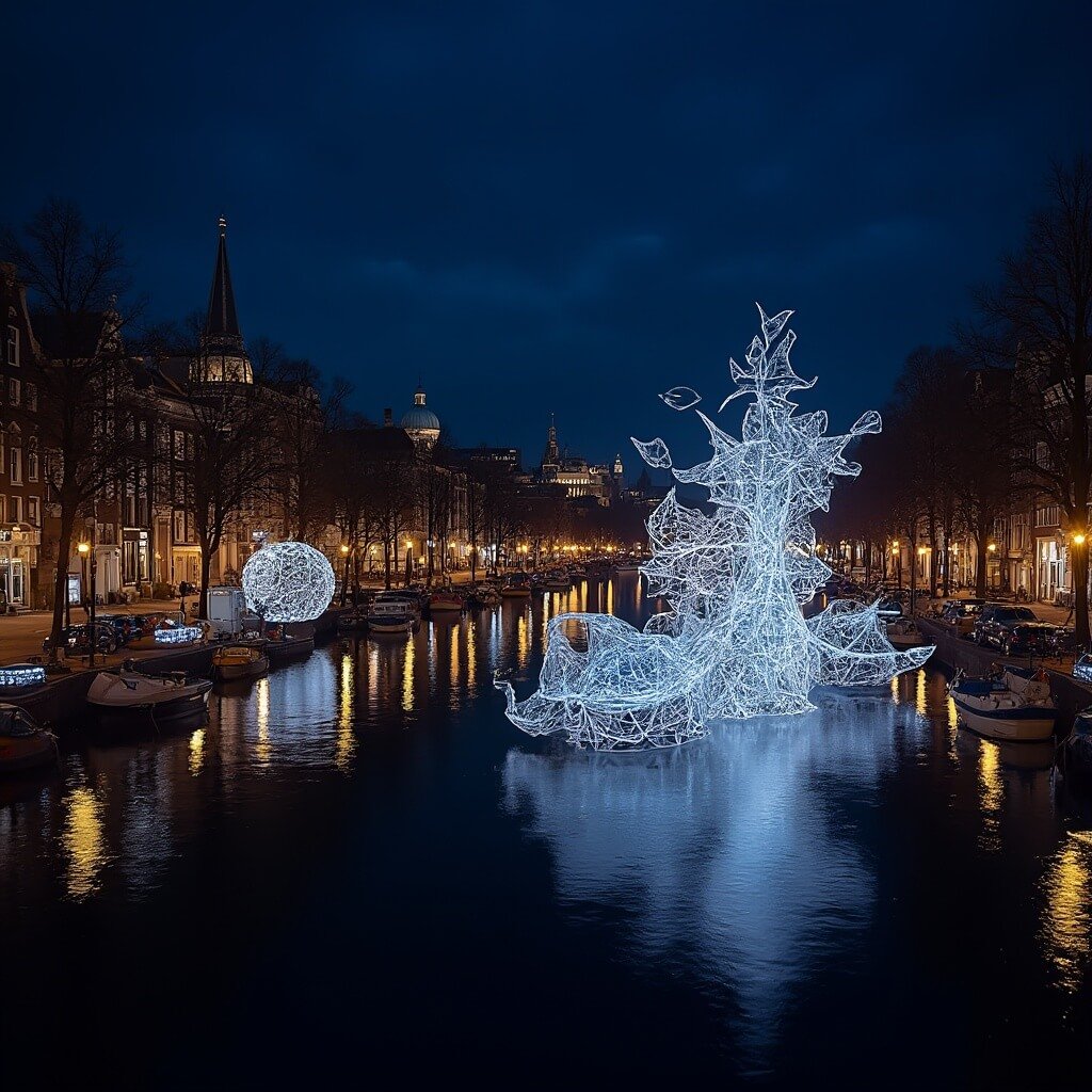 Magisch nachtbeeld van het Amsterdam Light Festival met intricaat verlichte kunstinstallaties die weerkaatsen in de grachten, complexe geometrische lichtsculpturen die historische grachtenhuizen verlichten, een diepblauwe nachtelijke hemel, subtiele stadslichten op de achtergrond, scherpe architecturale details en etherische gloeiende kunstwerken die een surrealistisch stadslandschap creëren, zonder zichtbare mensen, ultra-gedetailleerde luminescente sfeer.