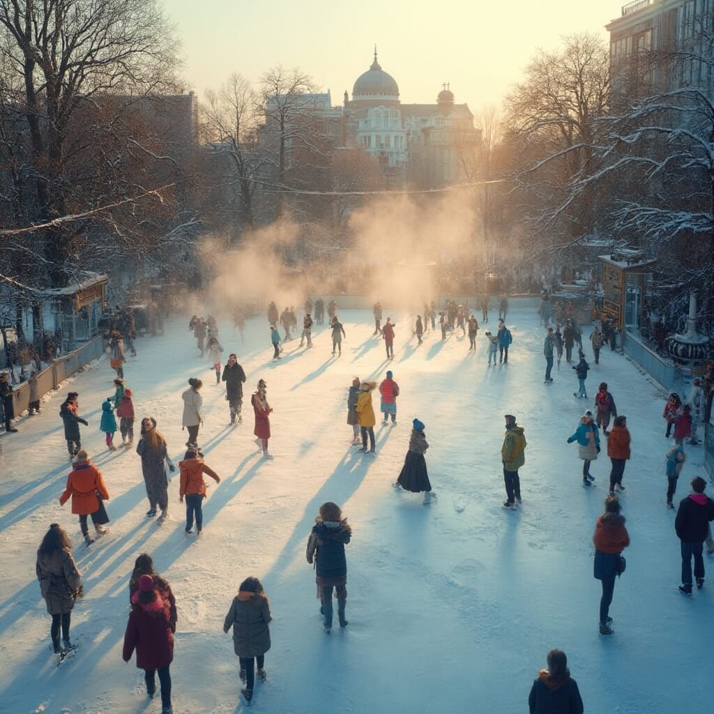 Hyper-realistisch wintertafereel van de Jaap Edenschaatsbaan in Amsterdam, met een breed bovenaanzicht dat levendige schaatsers van alle leeftijden toont. Mensen in kleurrijke winterjassen schaatsen over het ijs met gedetailleerde textuur, terwijl stoom van warme chocolademelk opijs komt. De stedelijke parksetting en moderne Amsterdamse architectuur zorgen voor een sfeervolle achtergrond in het gouden winterlicht van de late middag.