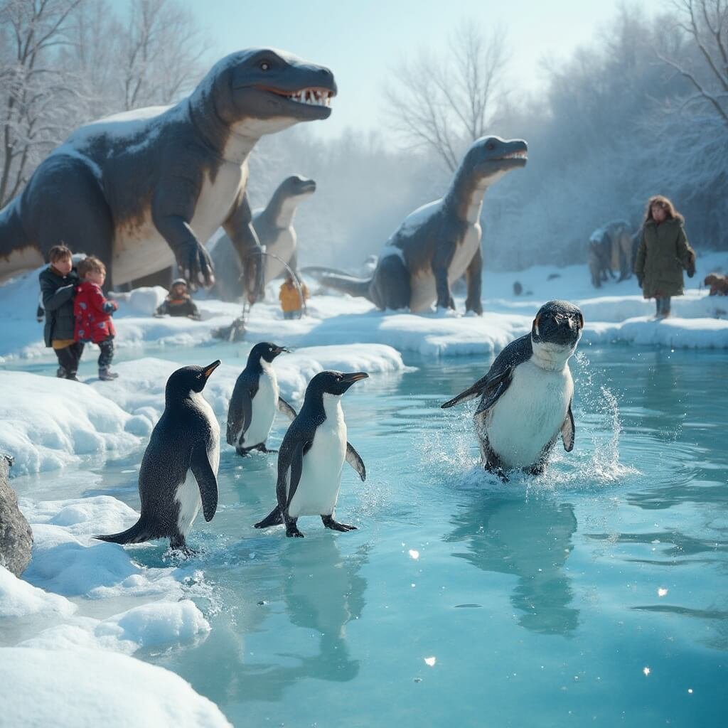Winterse Wonderen in Leeuwarden: Jouw Ultieme Gids door een Betoverende Winterstad Fotorealistische winterse scene in AquaZoo Leeuwarden met speelse pinguïns die waggelen bij een ijzige tentoonstellingsruimte, omringd door dinosaurussculpturen op de achtergrond, blije gezichten van kinderen zichtbaar, zachte natuurlijke verlichting, gedetailleerd winterlandschap met subtiele vorstdetails, heldere hoogwaardige afbeelding die levendige interacties tussen dieren toont.