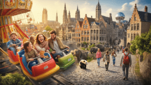 A vibrant collage depicting a happy Belgian family enjoying various activities: children on colorful Plopsaland rides, parents and teens exploring Bruges' medieval streets, exotic animals from Pairi Daiza, and families hiking in Hoge Kempen National Park, featuring iconic Belgian elements like waffles and the Atomium, all in warm lighting and rich colors.