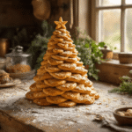 Bladerdeeg kerstboom met hazelnootpasta, glanzend gebakken op houten werkblad in rustieke keuken, omringd door vintage keukengerei en planten, verlicht door gouden ochtendlicht.