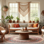 Warme bohemian woonkamer met rotan meubels, macramé wandkleed, terracotta en turkooise accenten, zachte verlichting en levendige sfeer.