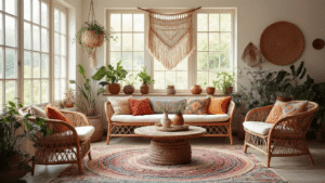 Bohemian Woonstijl: Creëer een Warme en Expressieve Leefruimte Warme bohemian woonkamer met rotan meubels, macramé wandkleed, terracotta en turkooise accenten, zachte verlichting en levendige sfeer.