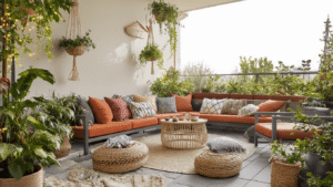 Terras Decoratie: Transformeer Je Buitenruimte met Stijl en Gezelligheid Stijlvol terras met bohemian kussens en LED lichtslingers, omringd door planten in rotan manden en moderne tuinmeubels op antraciet tegels, verlicht door warm avondlicht.