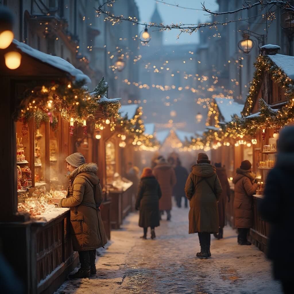 Hyperrealistisch wintertafereel op de Brusselse kerstmarkt, met warme gloeiende lichten, houten marktkramen bedekt met sneeuw, gezinnen in gezellige winterkleding, een feestelijke sfeer, ingewikkelde feestdecoraties, stoom van warme chocolademelk, cobblestone straten, barokke architectuur op de achtergrond, avondschemering, zachte bokeh-lampen en een gedetailleerde winterse ambiance.