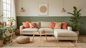 Een sfeervolle woonkamer met een beige modulaire bank, handgemaakte geometrische kussens in terracotta en oker, een jute vloerkleed op eiken parket, groene kamerplanten in glazen potten, een sage-groene accentmuur, vintage messing bijzettafels, LED-slingers, en natuurlijke texturen van macramé en eucalyptus.