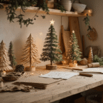 Rustieke werkbank met houten latten, gekleurd papier, draadstang, schuurpapier en LED-verlichting. Zacht gouden licht valt op een half-afgebouwde houten kerstboom en origami driehoeken, met een industriële sfeer en warme accenten.