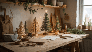 DIY Kerstboom van Hout of Papier: Creëer Jouw Eigen Feestelijke Decoratie Rustieke werkbank met houten latten, gekleurd papier, draadstang, schuurpapier en LED-verlichting. Zacht gouden licht valt op een half-afgebouwde houten kerstboom en origami driehoeken, met een industriële sfeer en warme accenten.