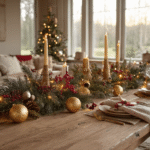 Gezellige woonkamer met rustieke houten tafel vol DIY kerstmaterialen, zoals dennentakken, dennenappels en gouden verf, verlicht door warm avondlicht.