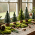 Rustieke houten tafel met knutselmaterialen zoals mos, takjes en klei; verschillende stadia van mini kerstboompjes. Zachte ochtendlicht benadrukt natuurlijke texturen en aardse kleuren, met een gezellige doe-het-zelf sfeer.