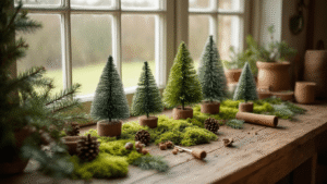 DIY Mini Kerstbomen: Gezelligheid in Zakformaat voor Elke Ruimte Rustieke houten tafel met knutselmaterialen zoals mos, takjes en klei; verschillende stadia van mini kerstboompjes. Zachte ochtendlicht benadrukt natuurlijke texturen en aardse kleuren, met een gezellige doe-het-zelf sfeer.