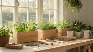 DIY Plantenbakken: Creëer Je Eigen Groene Paradijs met Eenvoudige Technieken Gezellige Nederlandse woonkamer met handgemaakte steigerhouten plantenbakken gevuld met kruiden, Scandinavische meubels in beige, DIY gereedschap op een houten werkblad, warme middagverlichting en een uitnodigende sfeer.