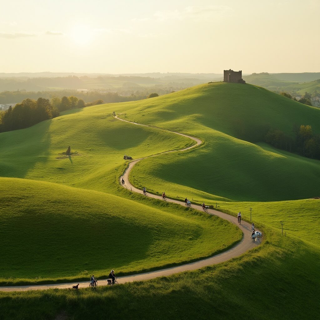 Cyclists on traditional Dutch bikes ride through rolling green hills of the Limburg countryside, passing picturesque villages and medieval castle ruins, with golden afternoon sunlight enhancing the scenic Mergellandroute.