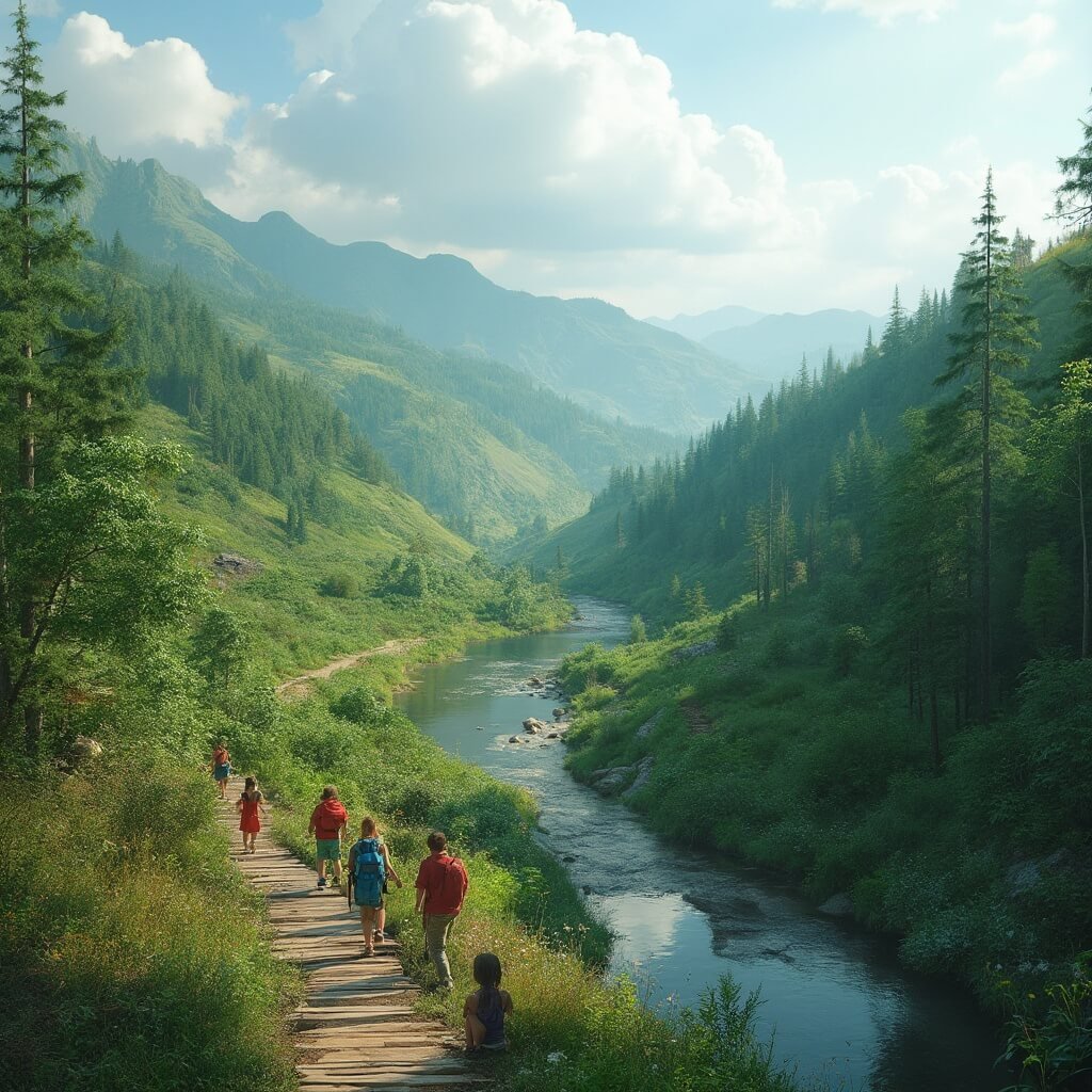 A scenic view of rolling green hills and dense forests, featuring a wooden boardwalk trail where families hike, a clear river flowing through the valley, and a dramatic cloudy sky above a pristine national park, with children exploring nature among wildflowers and ancient trees.