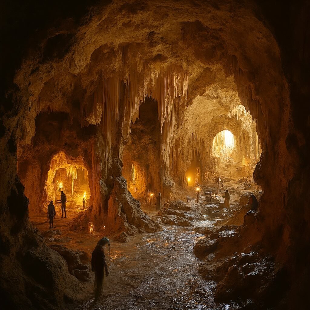 A captivating underground limestone cave system featuring dramatic stalactites and stalagmites, illuminated by warm golden lighting. Visitors walk through spacious caverns and carved tunnels, surrounded by intricate geological details and natural rock formations, creating a magical subterranean landscape.