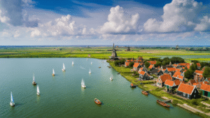 Aerial view of the Frisian Lakes region featuring crystal-clear waters, colorful sailboats, traditional Frisian villages with red-tiled roofs, lush green polders, windmills, and the flat countryside under a dramatic sky with puffy clouds, showcasing traditional Frisian architecture and wooden boats.