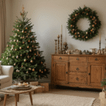 Gezellige Nederlandse woonkamer met antiek dressoir, versierd met handgemaakte gehaakte kerstbomen in groentinten en crème, haakmaterialen en een warme, huiselijke sfeer.