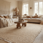 Warme woonkamer met gelaagde vloerkleden op eiken parketvloer, crèmekleurig wollen kleed en jute mat, fluwelen kussens, linnen plaids, sheepskin drapering, aardtinten, diffus licht en rijke materiaalcontrasten.