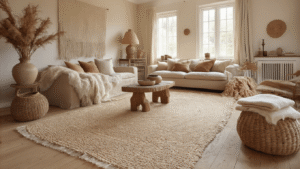 Warme woonkamer met gelaagde vloerkleden op eiken parketvloer, crèmekleurig wollen kleed en jute mat, fluwelen kussens, linnen plaids, sheepskin drapering, aardtinten, diffus licht en rijke materiaalcontrasten.