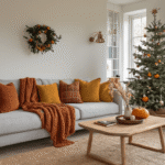 Cinematografische opname van een compacte Nederlandse woonkamer met herfst- en kerstdecoratie, featuring een lichtgrijze bank met fluwelen kussens, een mini-kerstboom, en natuurlijke elementen zoals pompoenen en dennenappels, verlicht door warm daglicht.