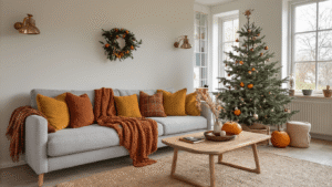Gezellige Seizoensstyling voor Kleine Woonkamers: Van Herfst tot Kerst Cinematografische opname van een compacte Nederlandse woonkamer met herfst- en kerstdecoratie, featuring een lichtgrijze bank met fluwelen kussens, een mini-kerstboom, en natuurlijke elementen zoals pompoenen en dennenappels, verlicht door warm daglicht.