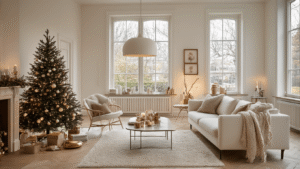 Ultieme Gids: Kerstcadeaus 2025 - Origineel, Persoonlijk en Perfect! Gezellige Nederlandse woonkamer met kerstdecoratie, luxe wellness geschenkset op marmeren tafel, gouden accenten, warme verlichting en een kerstboom met gepersonaliseerde ballen.