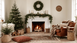 Gezellige woonkamer met DIY kerstguirlande van dennentakjes en kaneelstokjes, vintage leren fauteuil, open haard, gebreide plaids, houten vloer met Perzisch tapijt, wijnglazen met nepsneeuw, waxinelichtjes, en kerstdecoraties zoals een pompon krans en gedroogde sinaasappelschijfjes, alles in warme gloed.