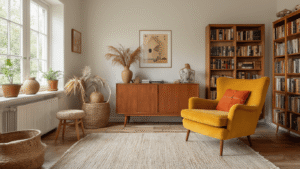 Gezellige Nederlandse woonkamer met vintage mid-century meubels, okergele fluwelen fauteuil, walnotenboekenkasten vol boeken, zachte plaids en keramische vazen met pampagras, warm hout en pasteltonen.